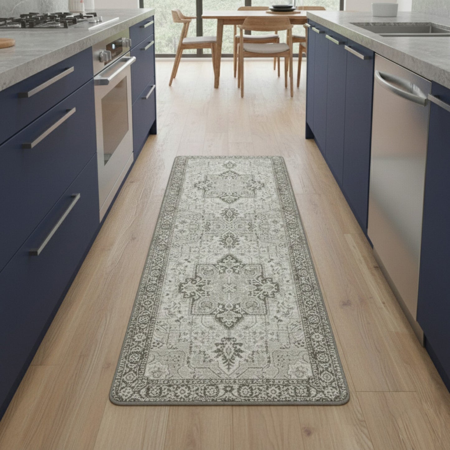 Vintage Inspired Kitchen Runner Rugs Set with Distressed Medallion Pattern Non Slip Backing 2 Piece Set
