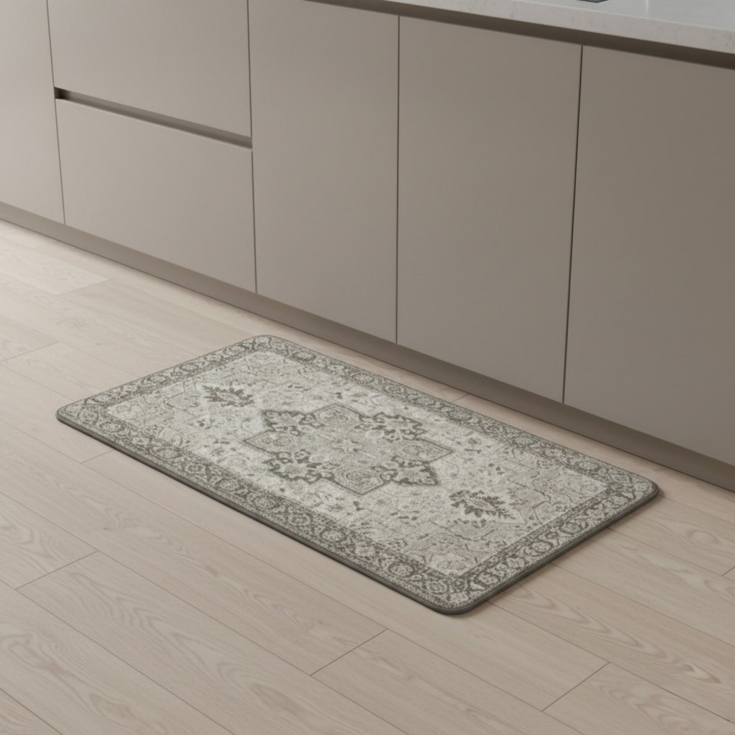 Vintage Inspired Kitchen Runner Rugs Set with Distressed Medallion Pattern Non Slip Backing 2 Piece Set