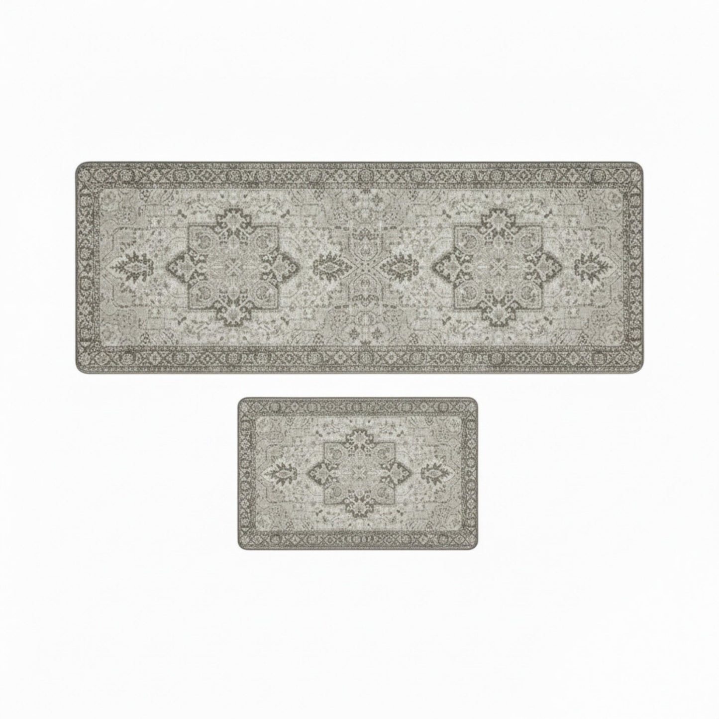 Vintage Inspired Kitchen Runner Rugs Set with Distressed Medallion Pattern Non Slip Backing 2 Piece Set