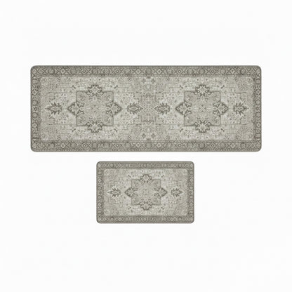 Vintage Inspired Kitchen Runner Rugs Set with Distressed Medallion Pattern Non Slip Backing 2 Piece Set