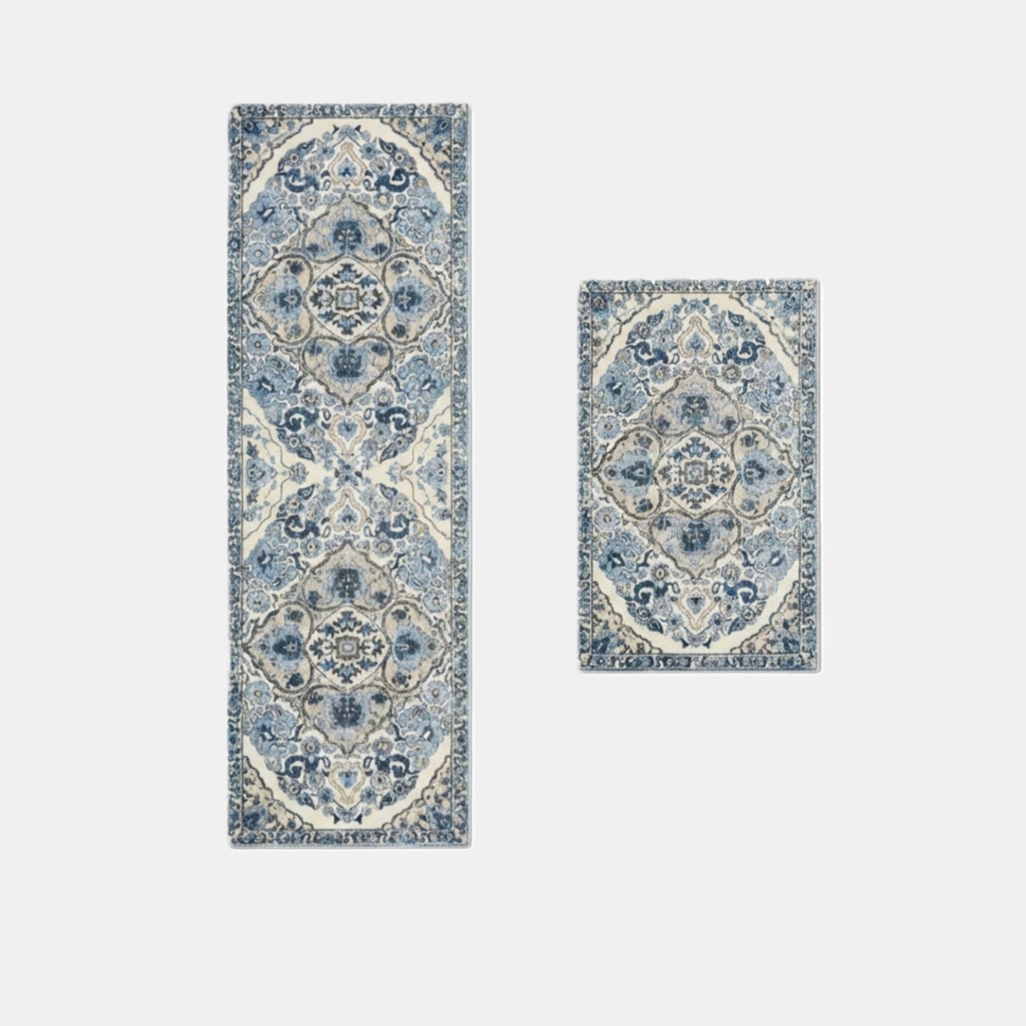 Vintage Inspired Kitchen Runner Rugs Set with Distressed Medallion Pattern Non Slip Backing 2 Piece Set