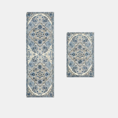 Vintage Inspired Kitchen Runner Rugs Set with Distressed Medallion Pattern Non Slip Backing 2 Piece Set