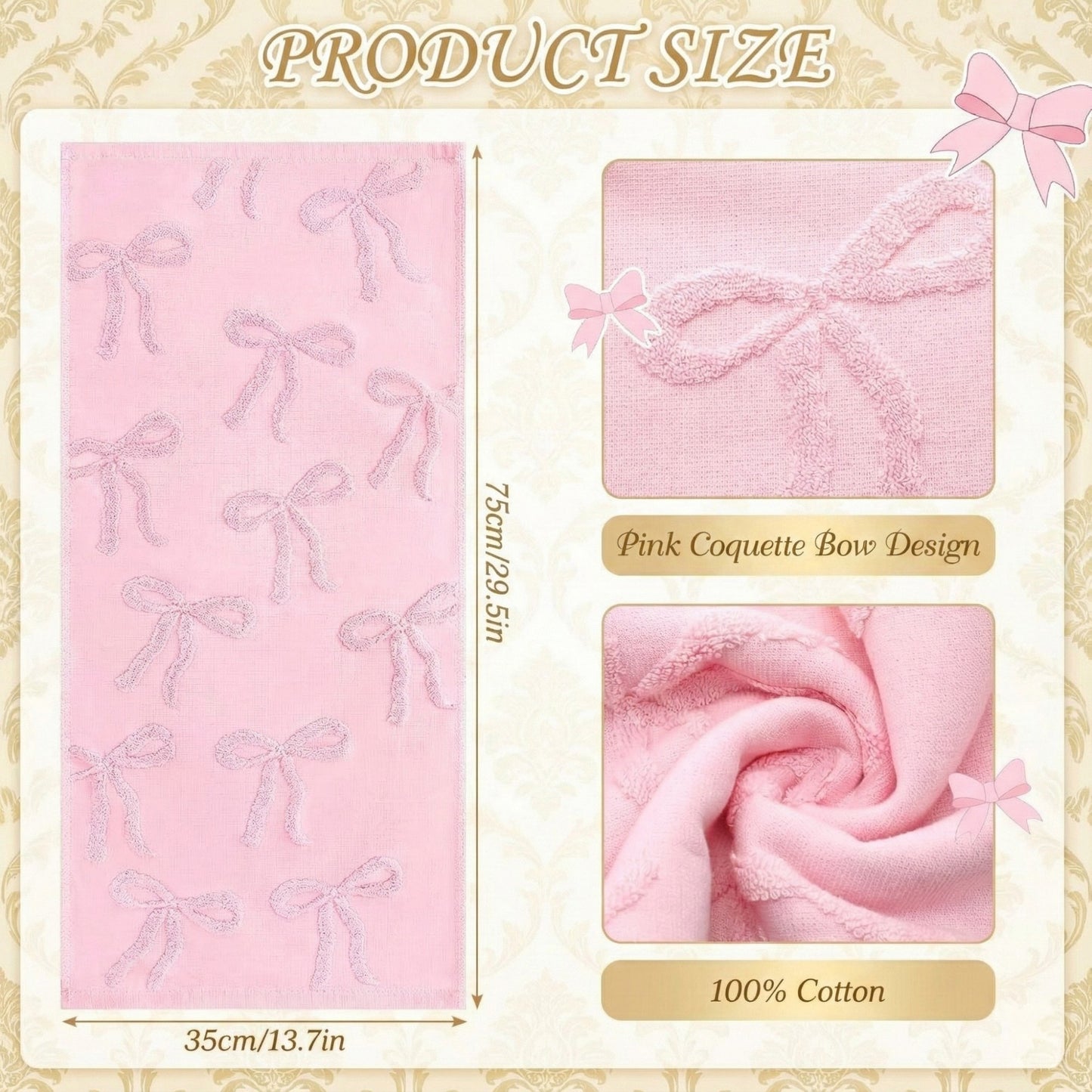 Soft Decorative Bow Textured Hand Towels Set with Raised Jacquard Design 2 Pack