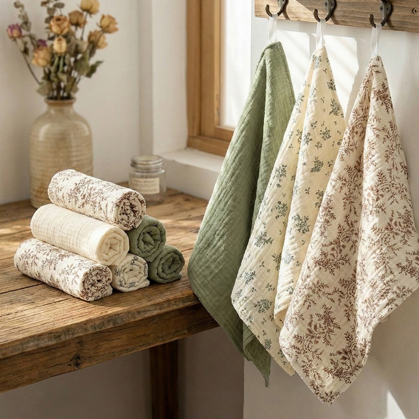 Soft Cotton Textured Kitchen Cleaning Cloths Hanging Dish Towels Floral and Solid Mix 4 Pack