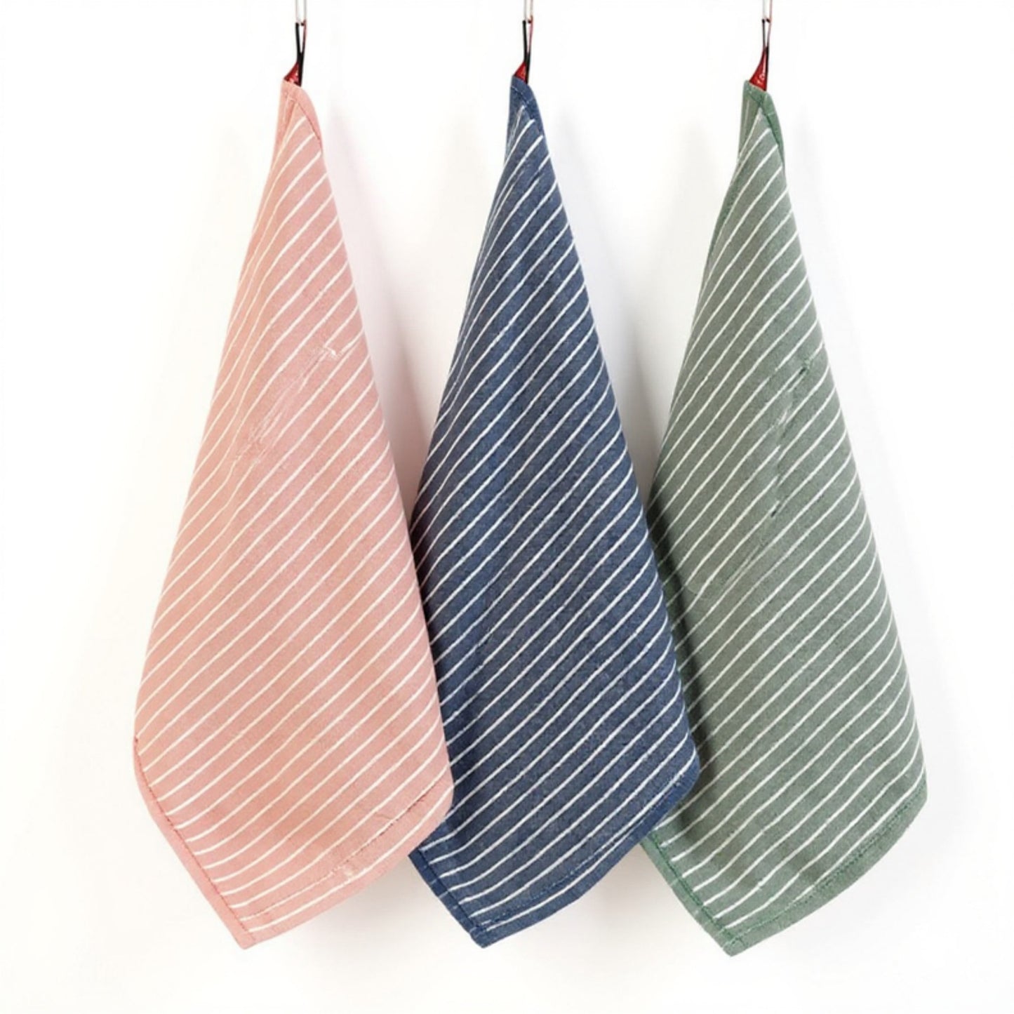 3-PC Striped Kitchen Towels Set with Hanging Loop Soft Absorbent Fabric for Everyday Drying and Cleaning