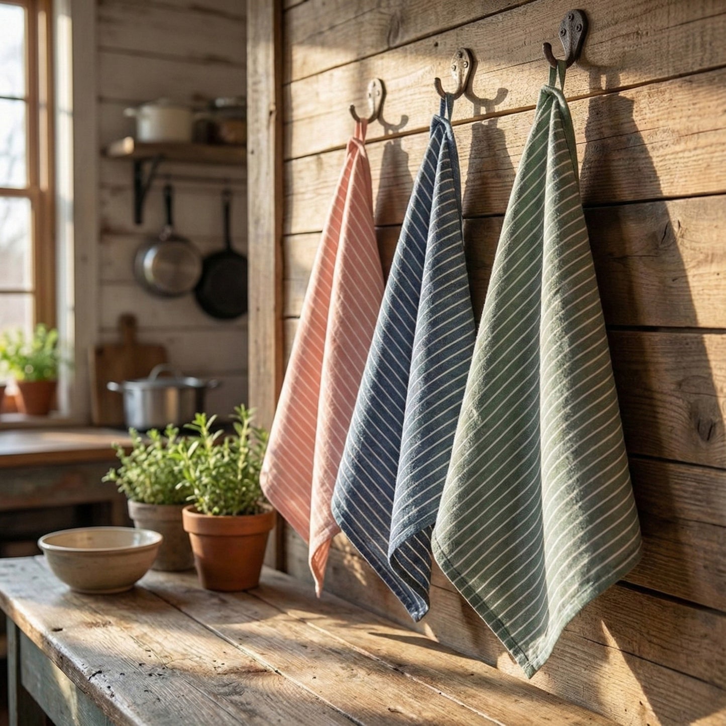 3-PC Striped Kitchen Towels Set with Hanging Loop Soft Absorbent Fabric for Everyday Drying and Cleaning