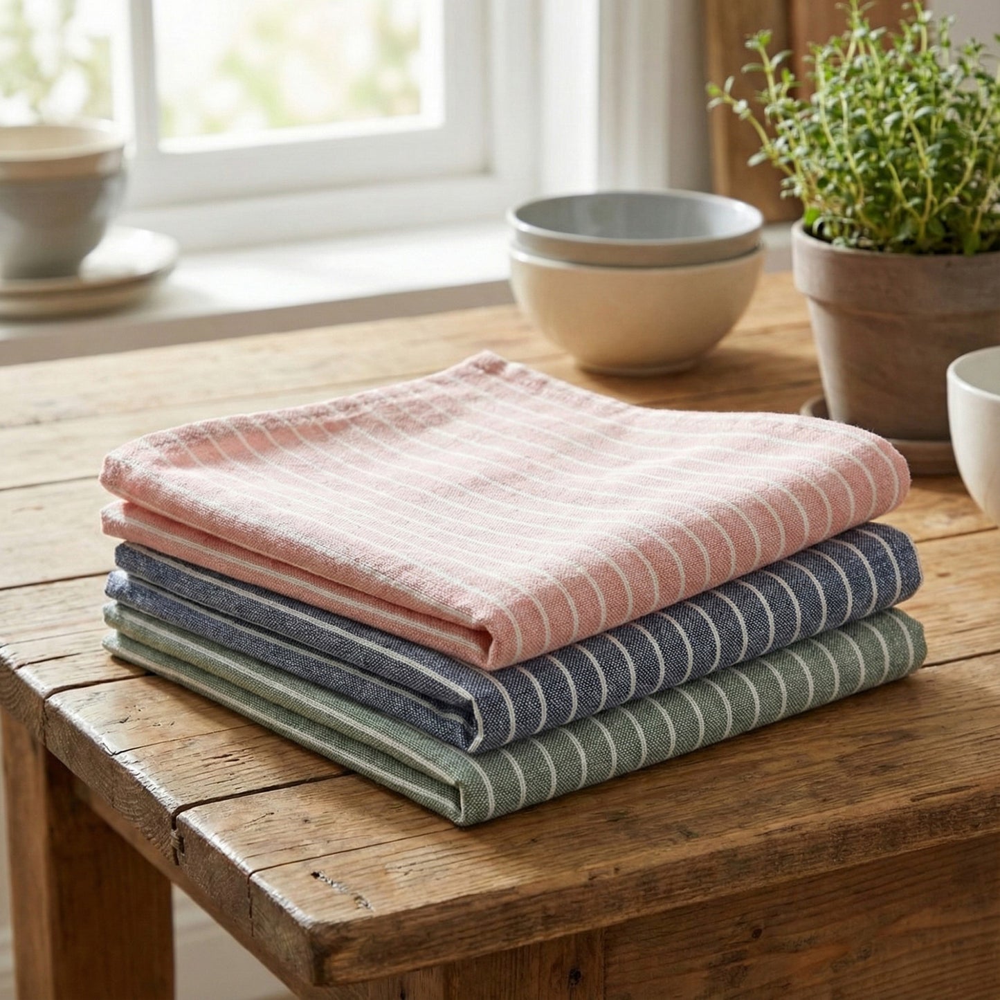 3-PC Striped Kitchen Towels Set with Hanging Loop Soft Absorbent Fabric for Everyday Drying and Cleaning