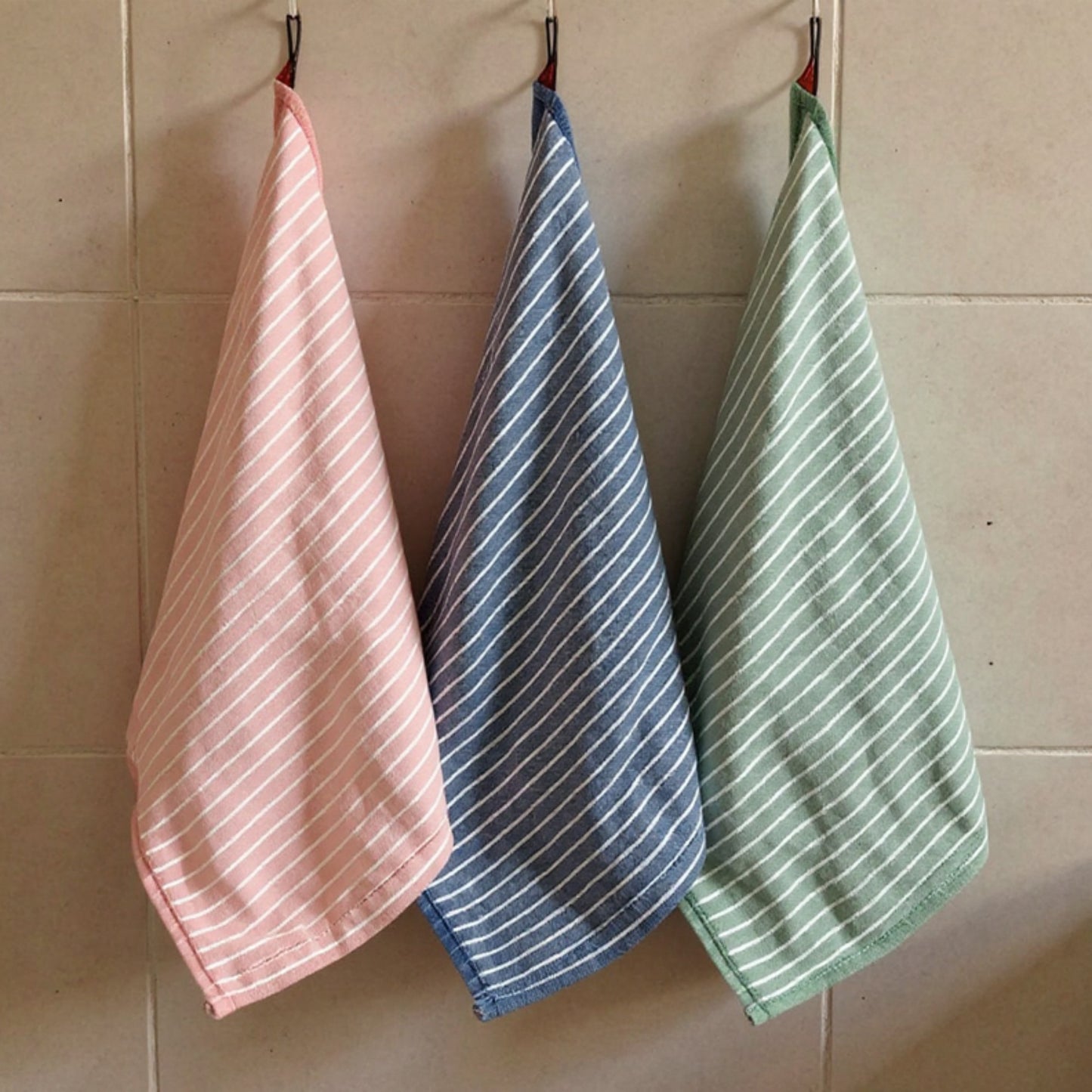 3-PC Striped Kitchen Towels Set with Hanging Loop Soft Absorbent Fabric for Everyday Drying and Cleaning