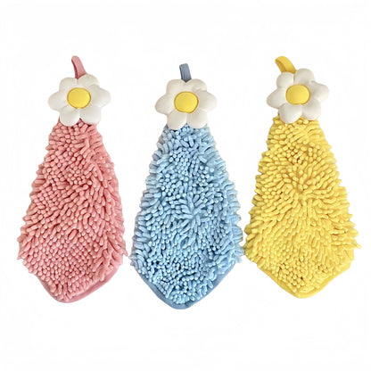 3-PC Flower Hanging Microfiber Cleaning Towels Set with Loop Soft Absorbent Scrubber Design for Kitchen and Bathroom Use