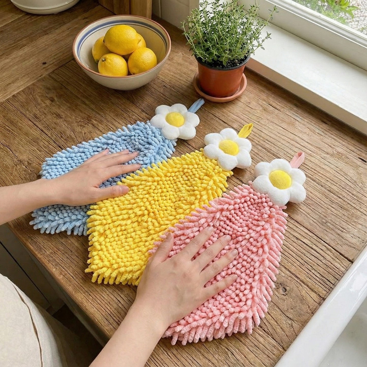 3-PC Flower Hanging Microfiber Cleaning Towels Set with Loop Soft Absorbent Scrubber Design for Kitchen and Bathroom Use