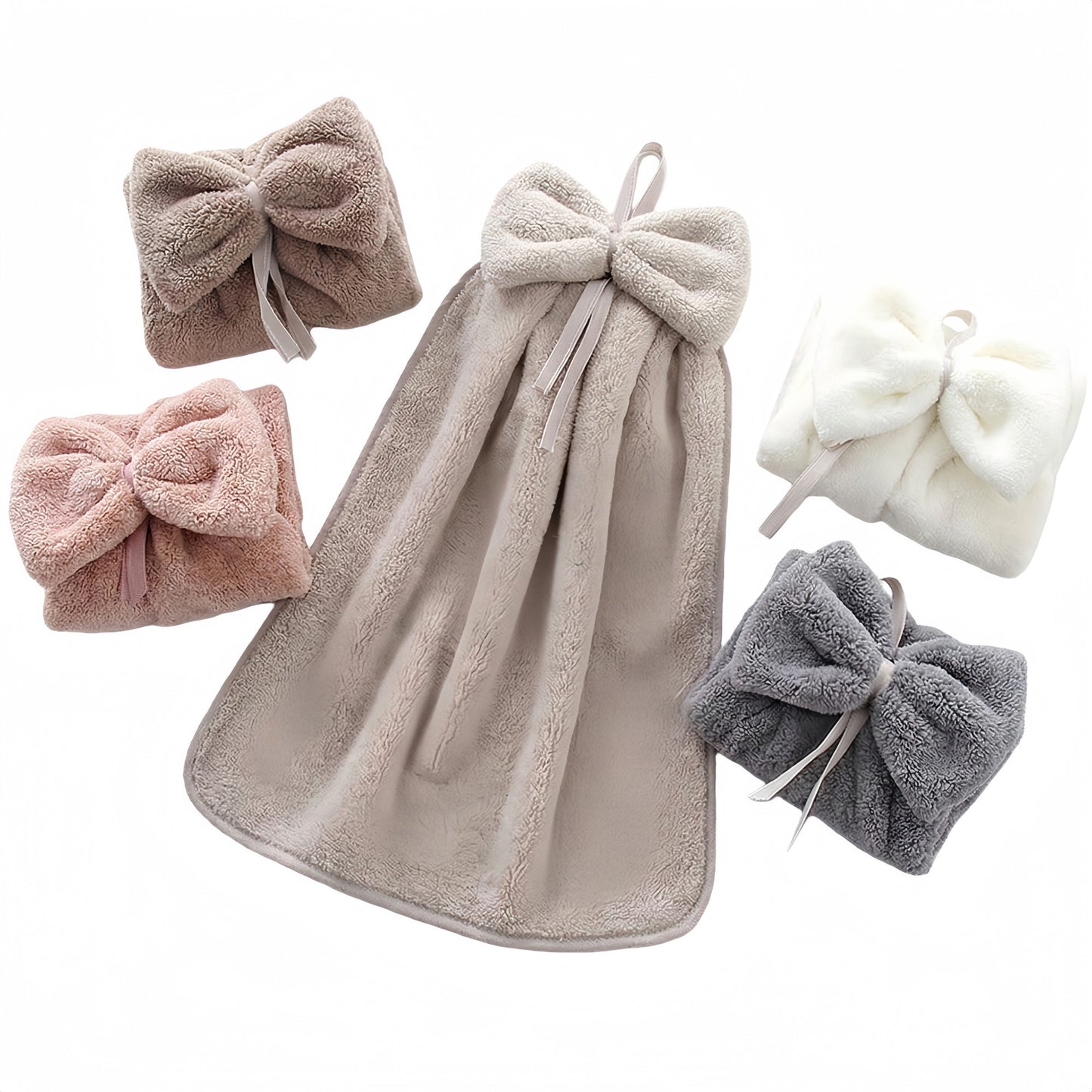 5-PC Bow Hanging Microfiber Hand Towels Set Soft Plush Absorbent Design with Loop for Kitchen and Bathroom Use