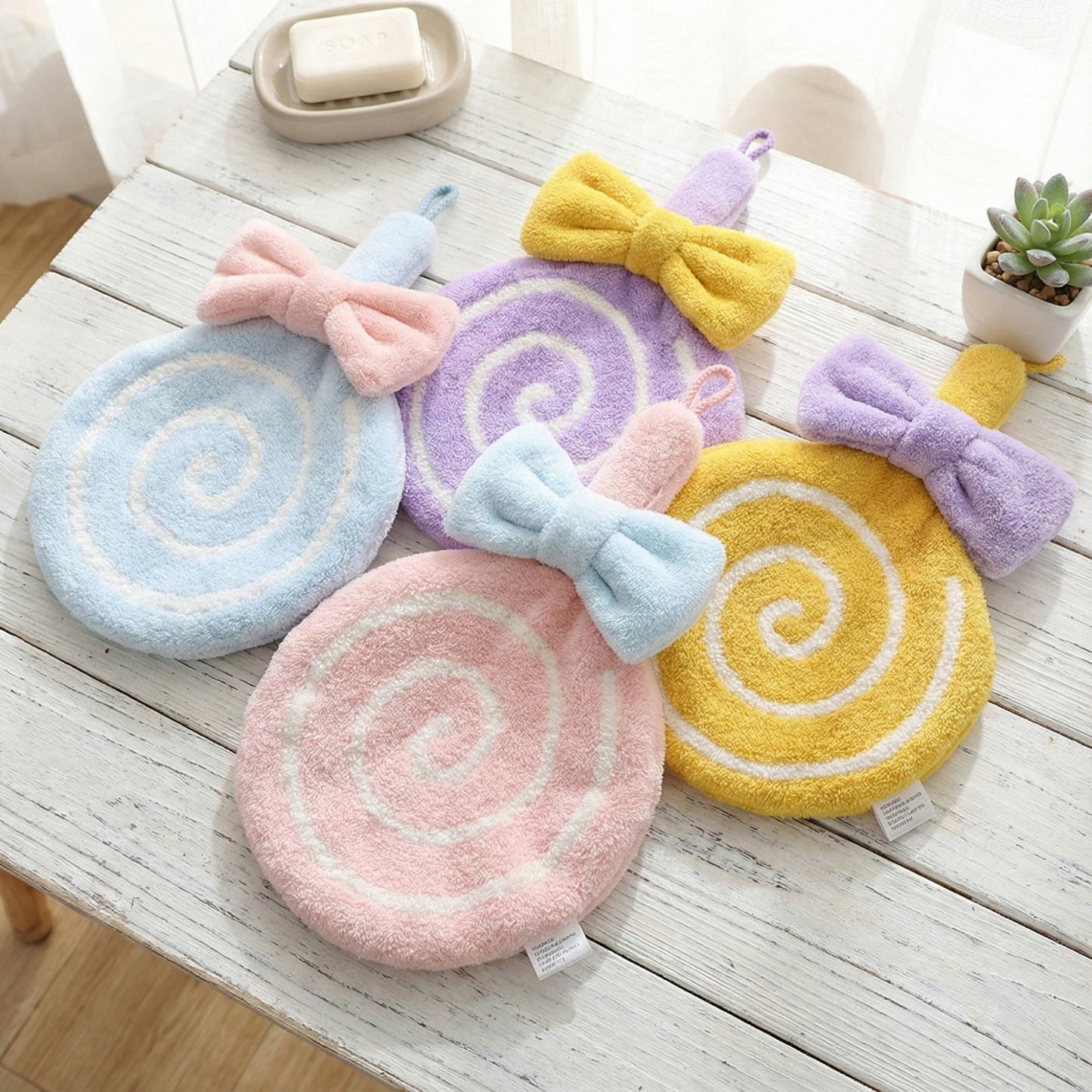 4-PC Lollipop Shaped Hanging Microfiber Hand Towels Set Soft Plush Absorbent Design with Bow Detail and Loop