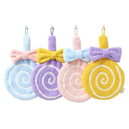 4-PC Lollipop Shaped Hanging Microfiber Hand Towels Set Soft Plush Absorbent Design with Bow Detail and Loop