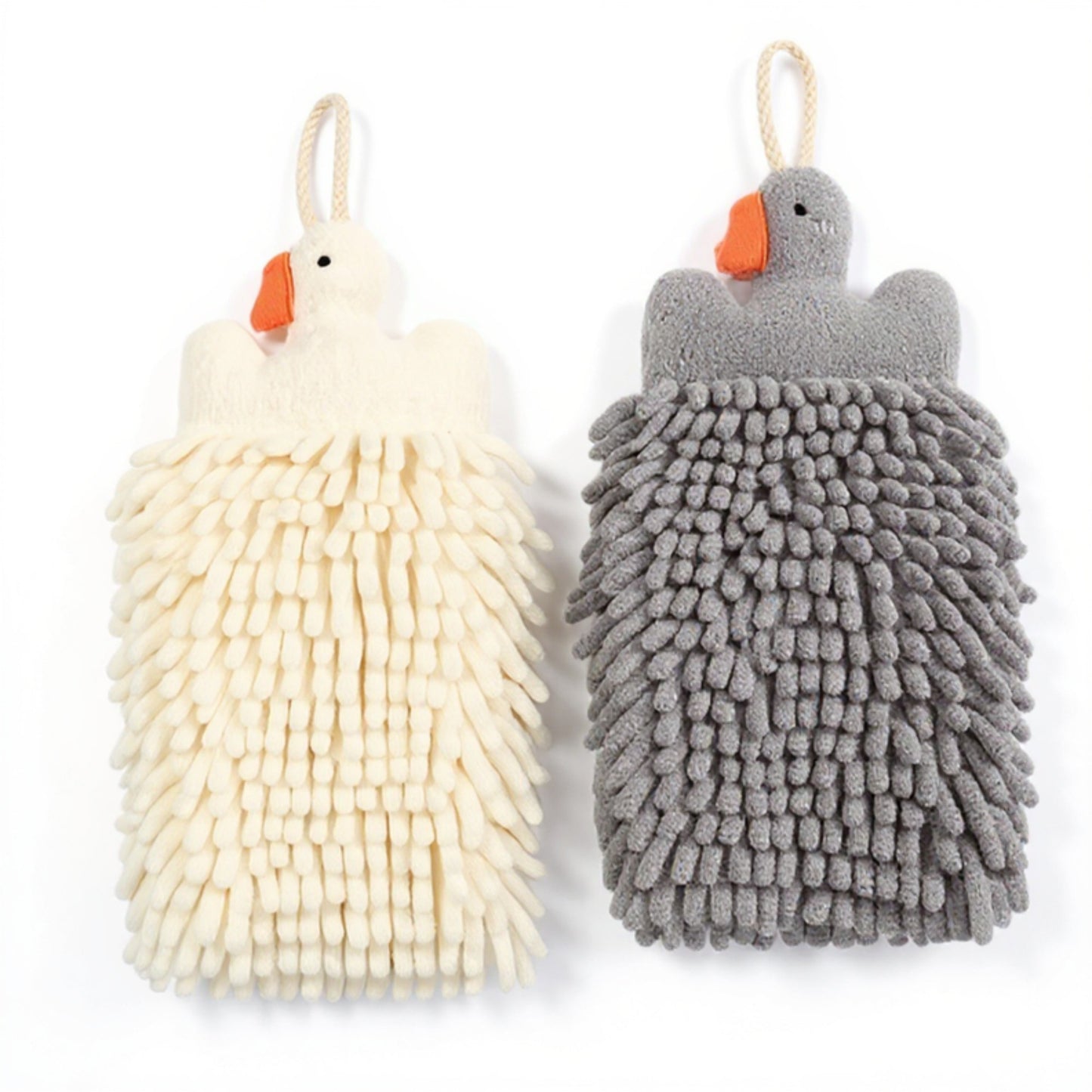 2-PC Duck Shaped Hanging Microfiber Hand Towels Set Soft Plush Absorbent Design with Loop for Kitchen or Bathroom