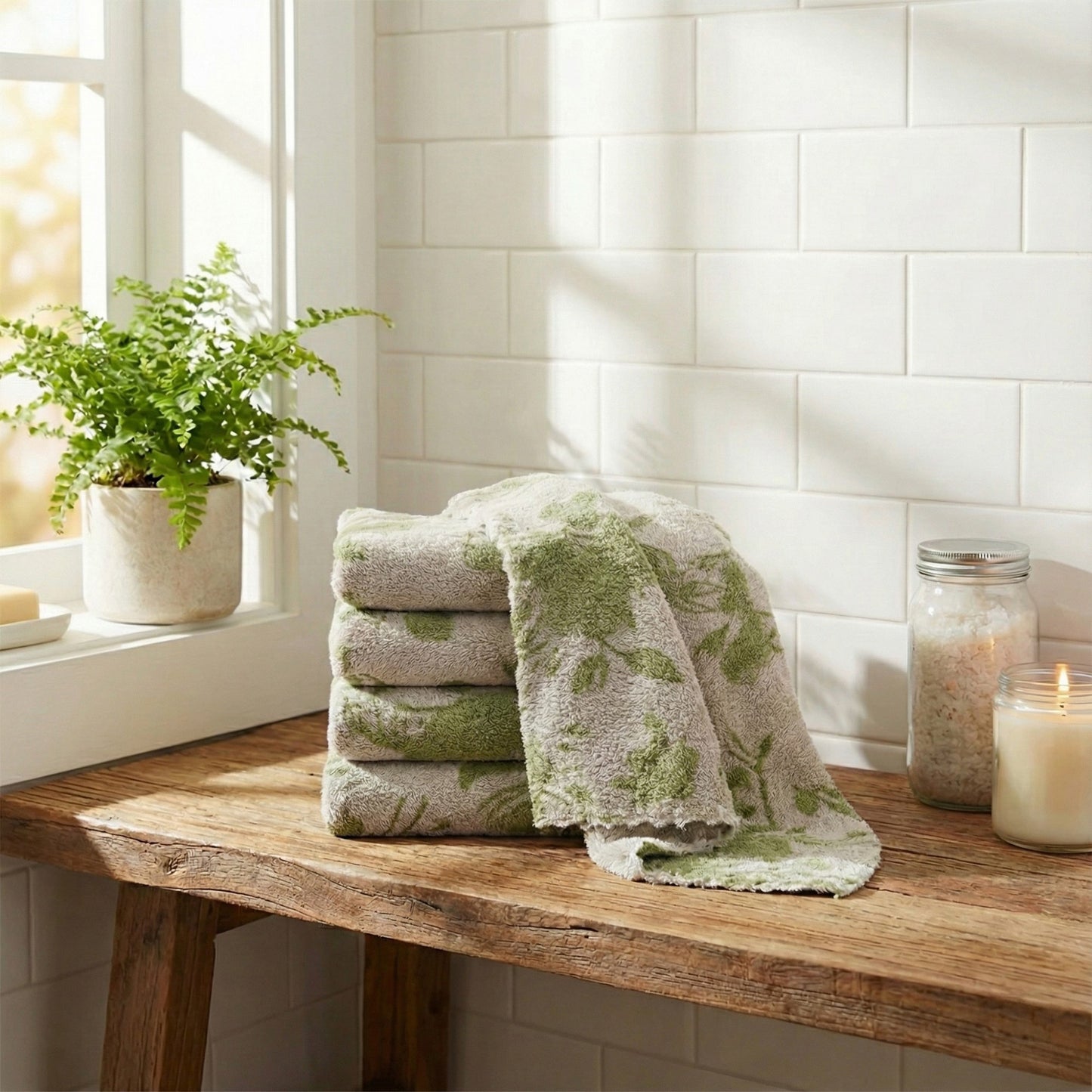 4-PC Botanical Pattern Plush Hand Towels Set Soft Absorbent Textured Fabric for Kitchen Bathroom or Guest Use