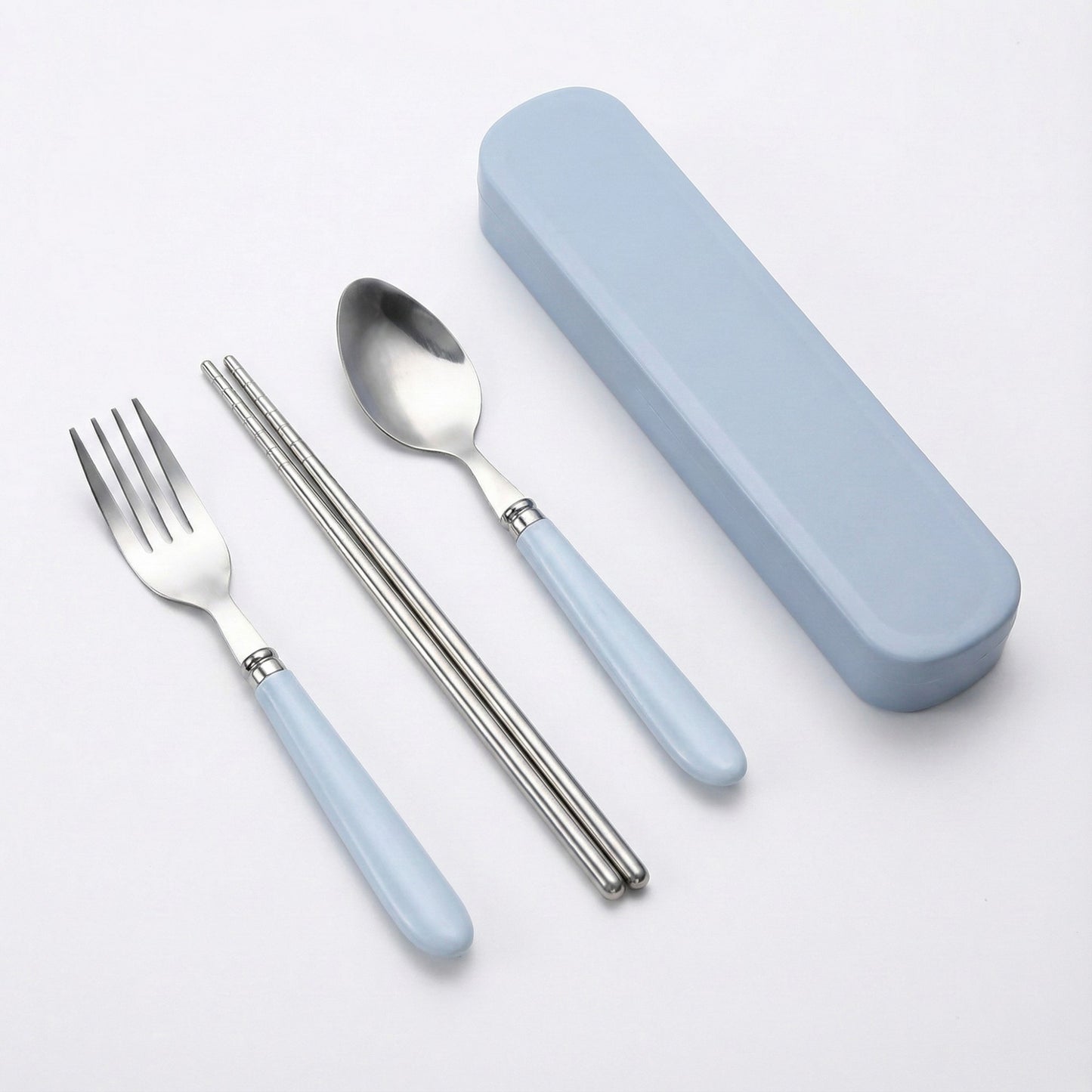 Portable Flatware 4 Piece Set with Spoon Fork Chopsticks and Slim Travel Storage Case