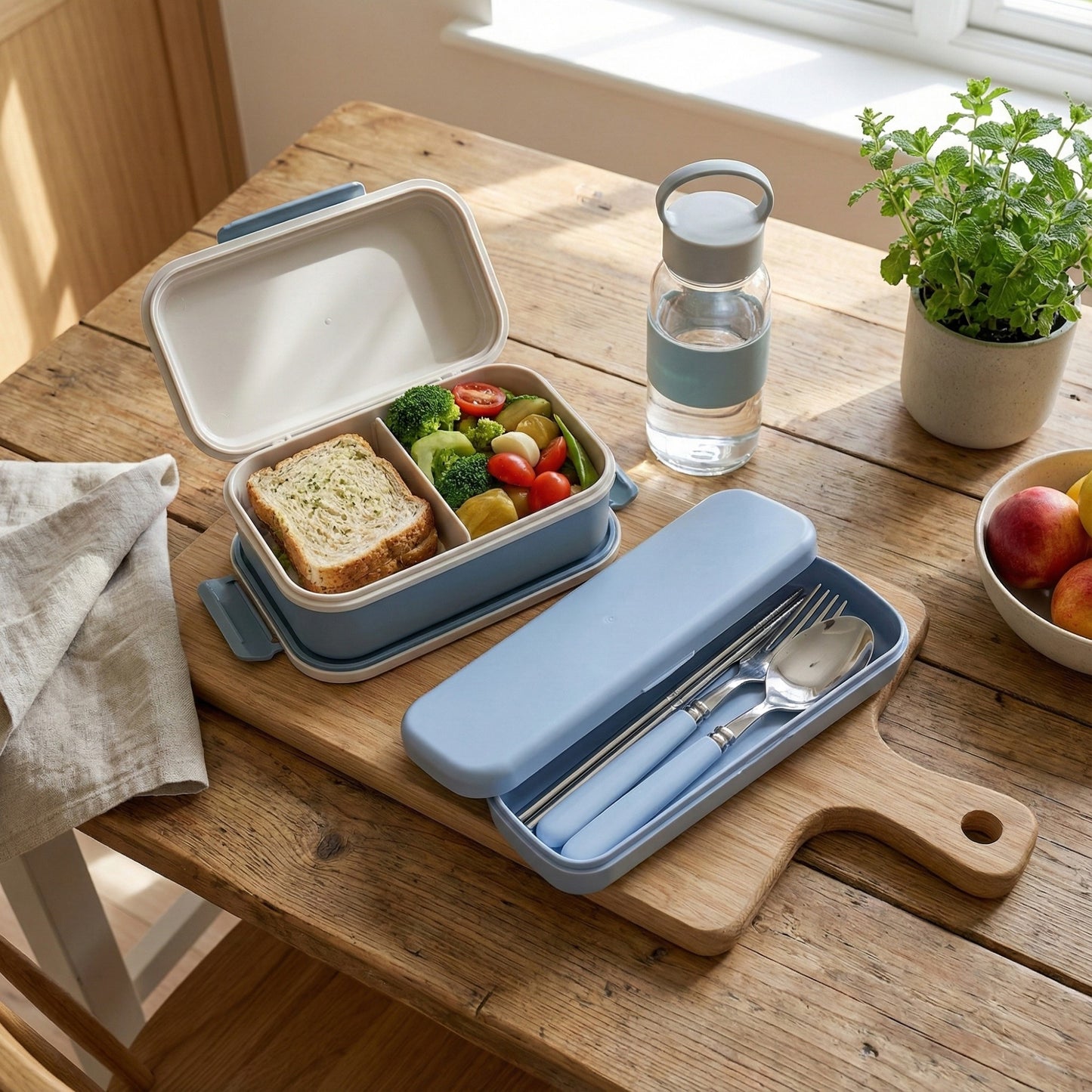 Portable Flatware 4 Piece Set with Spoon Fork Chopsticks and Slim Travel Storage Case