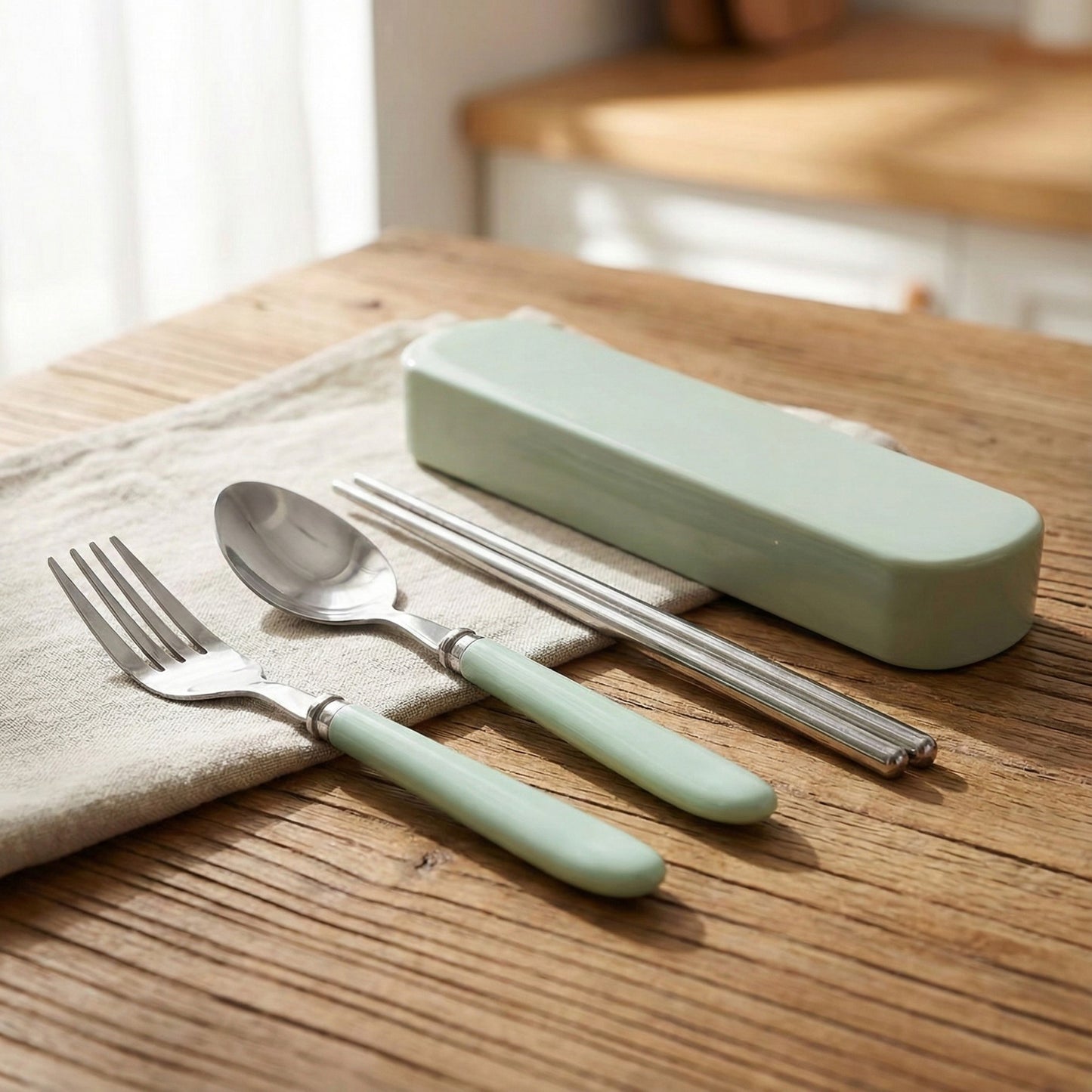 Portable Flatware 4 Piece Set with Spoon Fork Chopsticks and Slim Travel Storage Case