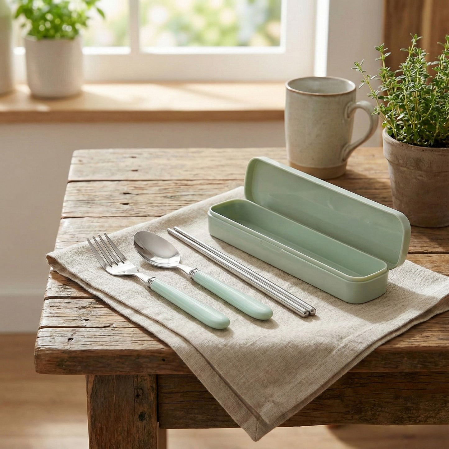 Portable Flatware 4 Piece Set with Spoon Fork Chopsticks and Slim Travel Storage Case