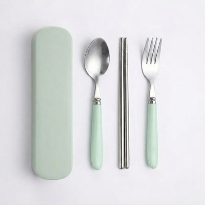 Portable Flatware 4 Piece Set with Spoon Fork Chopsticks and Slim Travel Storage Case