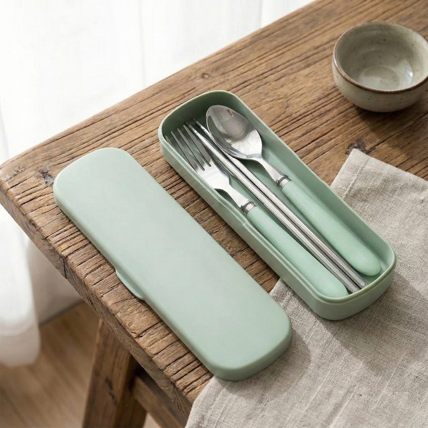 Portable Flatware 4 Piece Set with Spoon Fork Chopsticks and Slim Travel Storage Case