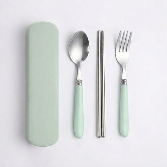 Portable Flatware 4 Piece Set with Spoon Fork Chopsticks and Slim Travel Storage Case