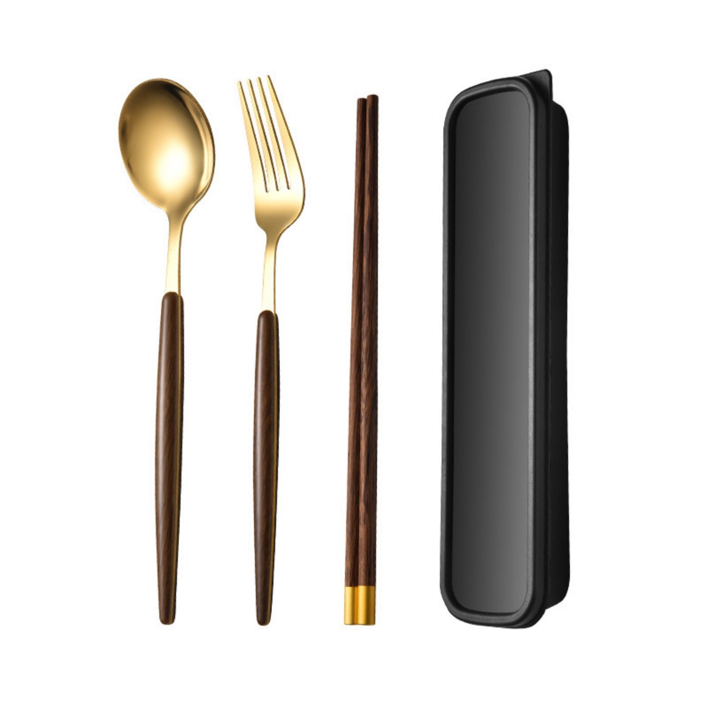 Portable Flatware 4 Piece Set with Spoon Fork Chopsticks and Slim Travel Storage Case