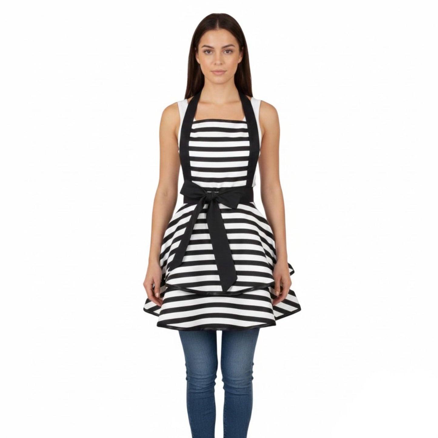 Vintage Dress Style Kitchen Apron with Halter Neck Tie Full Skirt Coverage and Adjustable Waist Bow