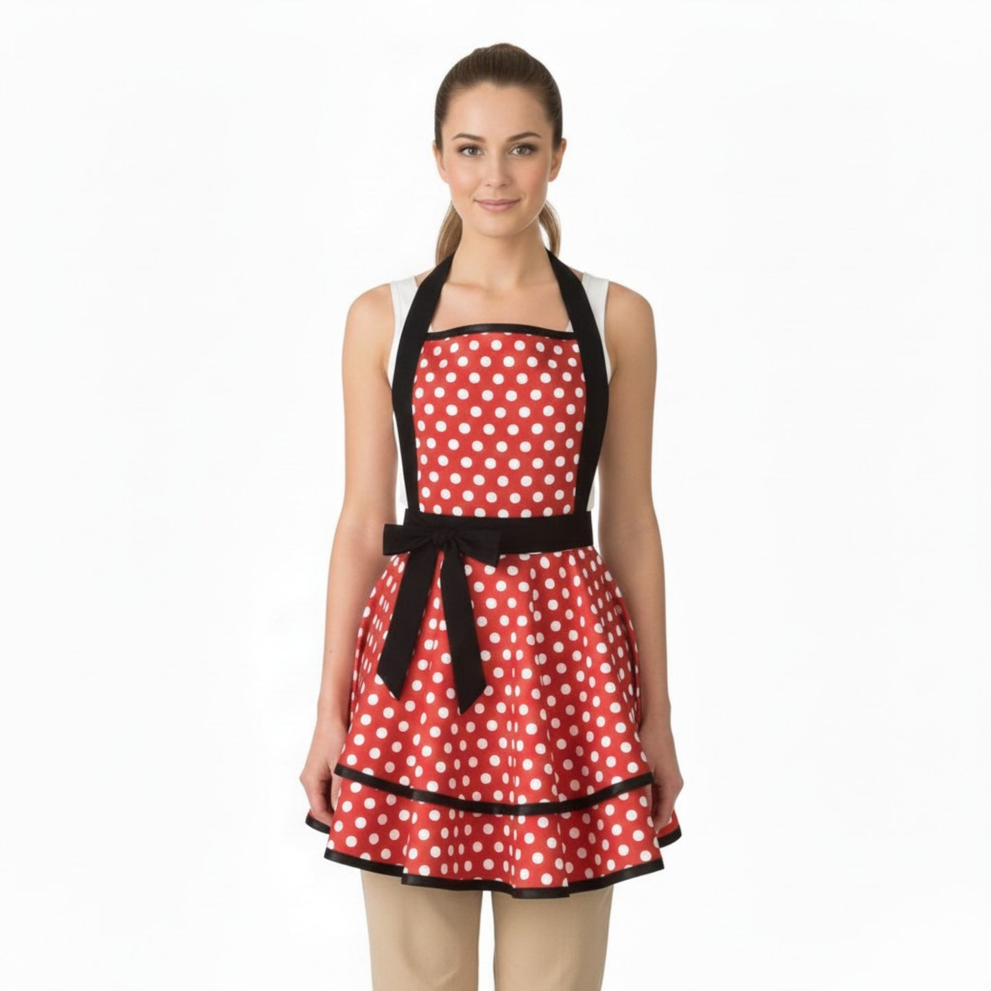 Vintage Dress Style Kitchen Apron with Halter Neck Tie Full Skirt Coverage and Adjustable Waist Bow