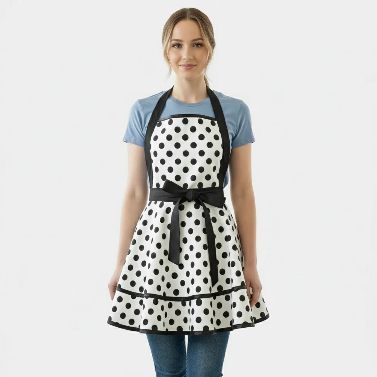 Vintage Dress Style Kitchen Apron with Halter Neck Tie Full Skirt Coverage and Adjustable Waist Bow
