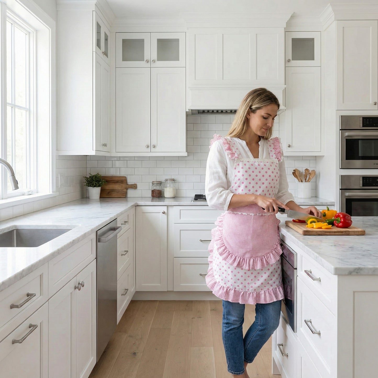 Polka Dot Gingham Ruffle Trim Kitchen Apron with Adjustable Straps and Front Pocket