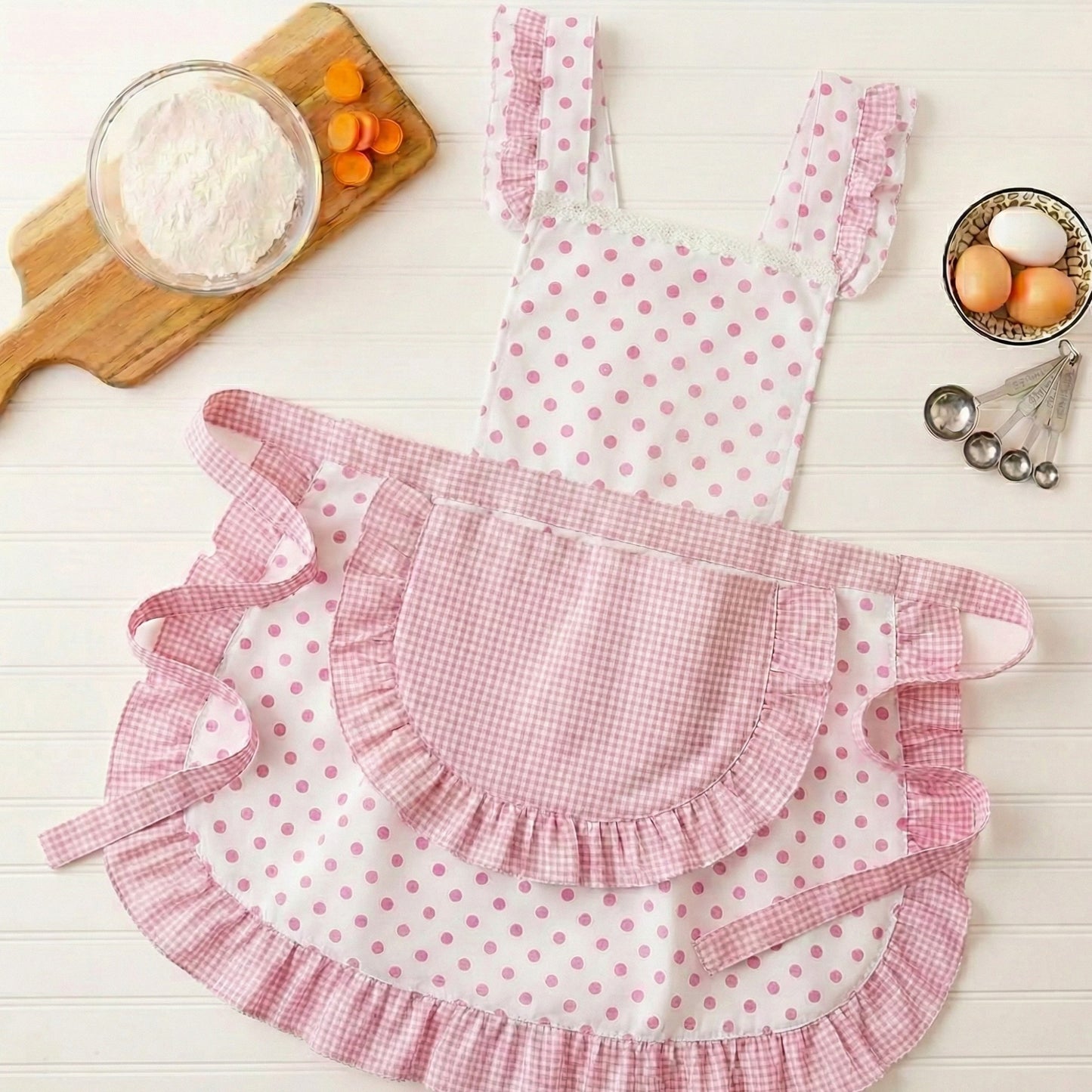Polka Dot Gingham Ruffle Trim Kitchen Apron with Adjustable Straps and Front Pocket