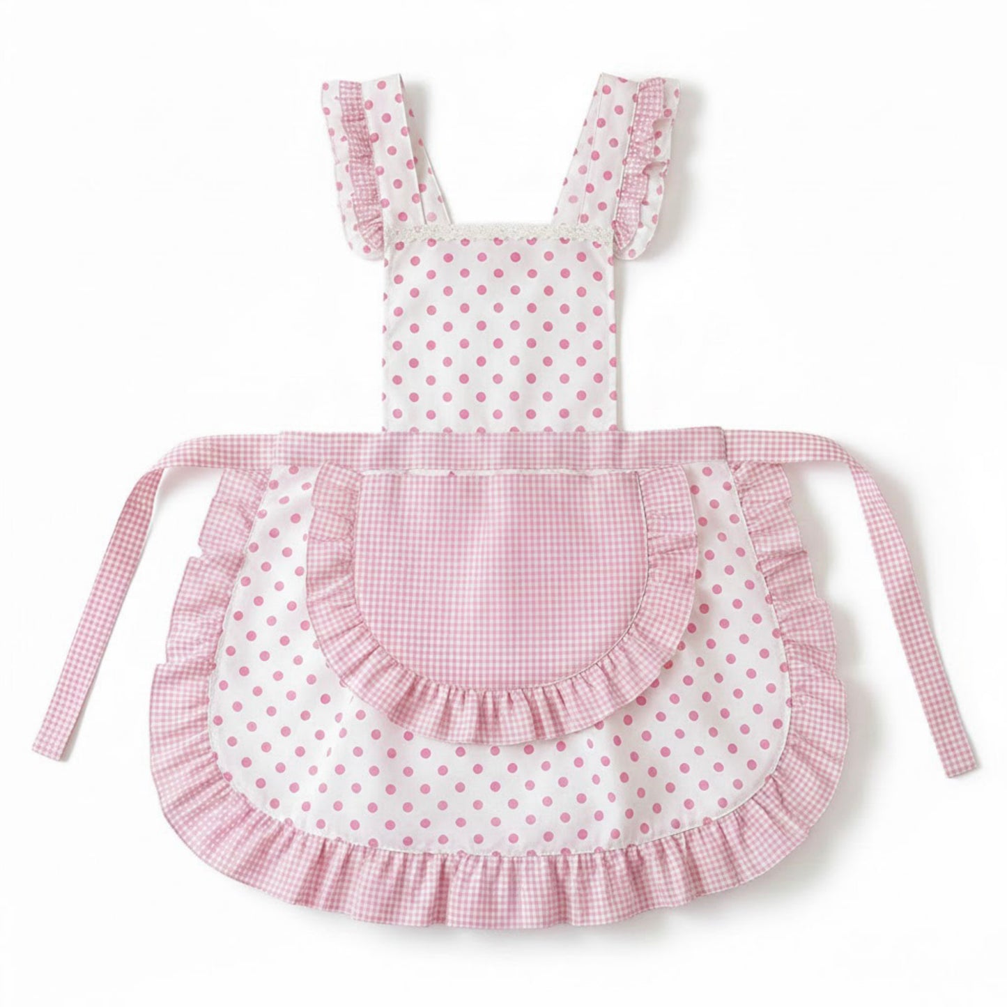 Polka Dot Gingham Ruffle Trim Kitchen Apron with Adjustable Straps and Front Pocket