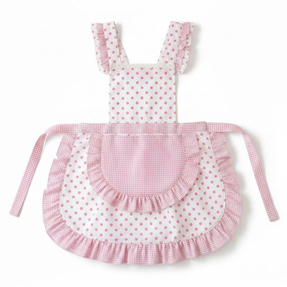 Polka Dot Gingham Ruffle Trim Kitchen Apron with Adjustable Straps and Front Pocket