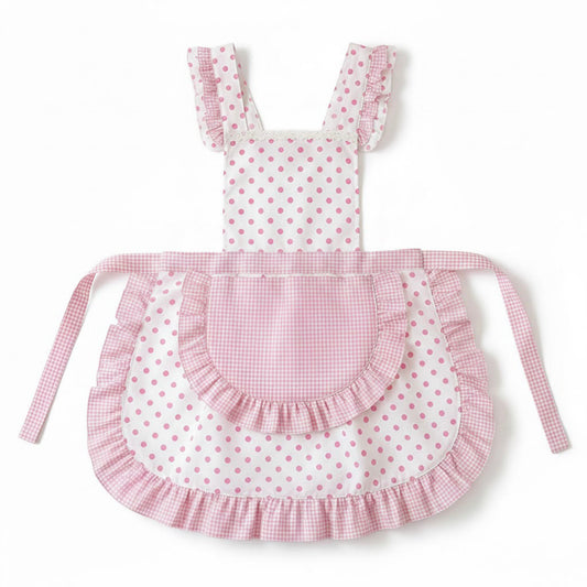 Polka Dot Gingham Ruffle Trim Kitchen Apron with Adjustable Straps and Front Pocket