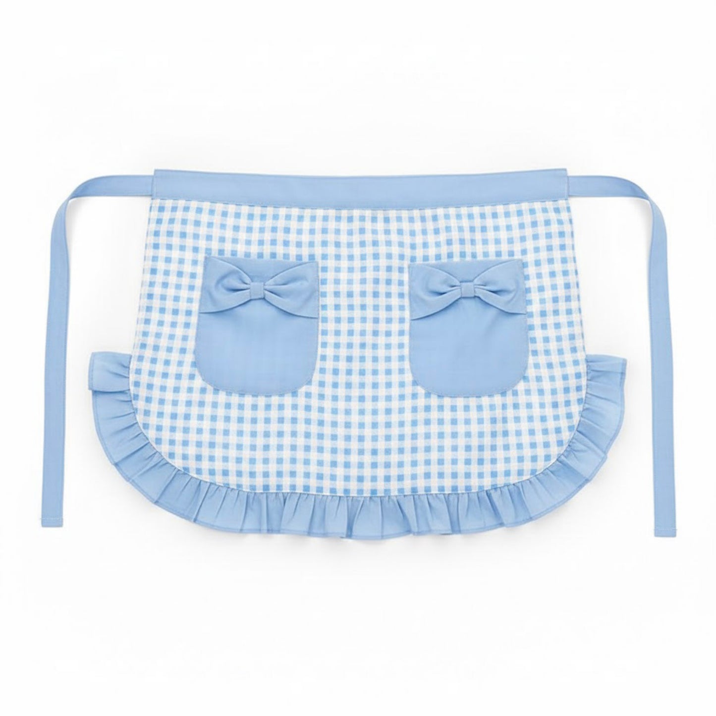 Gingham Kitchen Apron with Ruffle Trim Adjustable Waist Ties Bow Pocket Details and Front Coverage