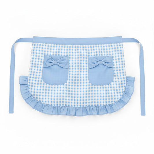 Gingham Kitchen Apron with Ruffle Trim Adjustable Waist Ties Bow Pocket Details and Front Coverage
