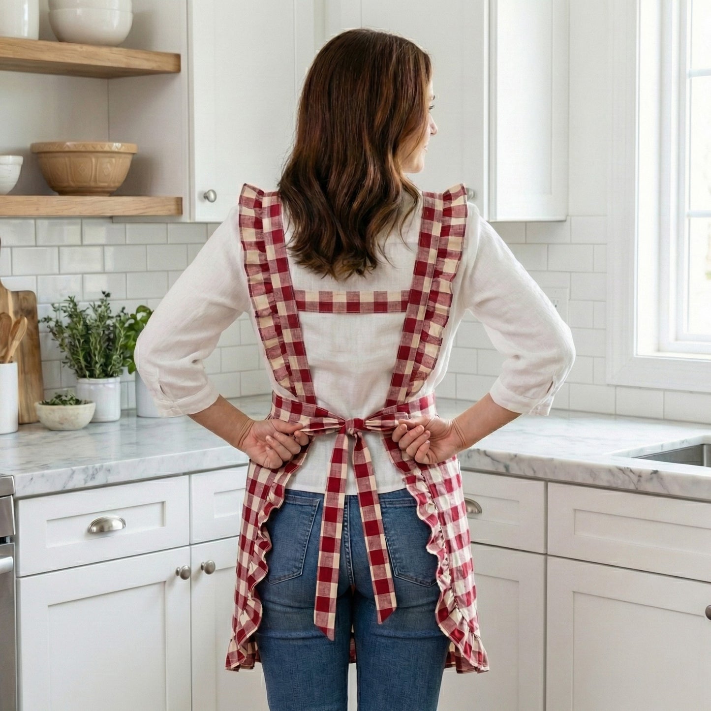Gingham Kitchen Apron with Ruffle Trim Adjustable Waist Ties Lace Bib Detail and Front Pocket