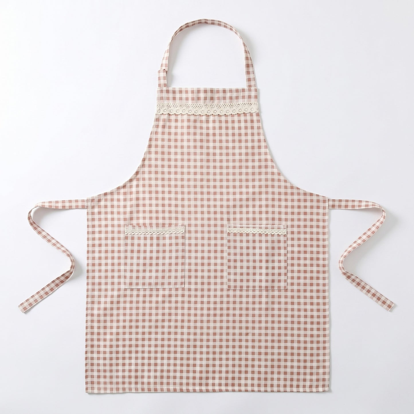 Kitchen Apron Gingham Check Pattern with Lace Trim Adjustable Neck Strap Dual Front Pockets