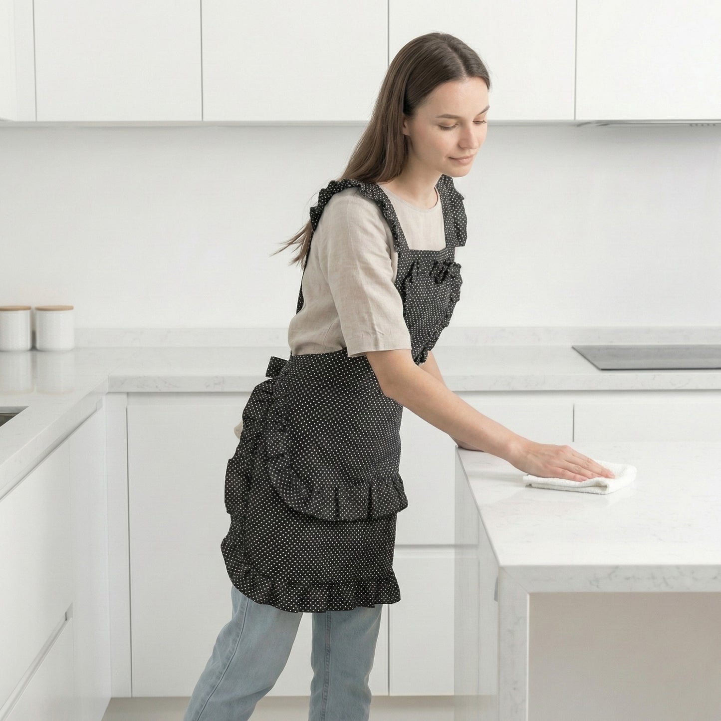 Polka Dot Kitchen Apron with Heart Bib Ruffle Trim Adjustable Waist Ties and Front Pocket
