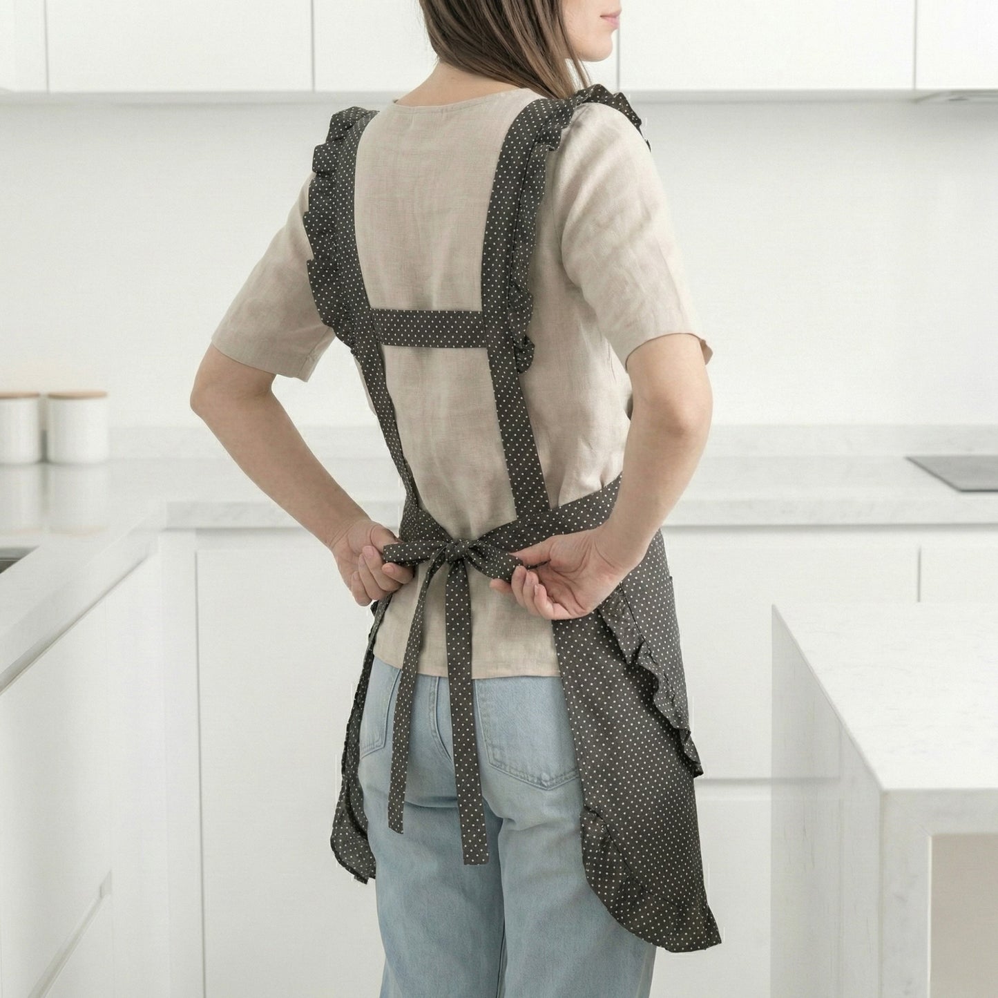 Polka Dot Kitchen Apron with Heart Bib Ruffle Trim Adjustable Waist Ties and Front Pocket