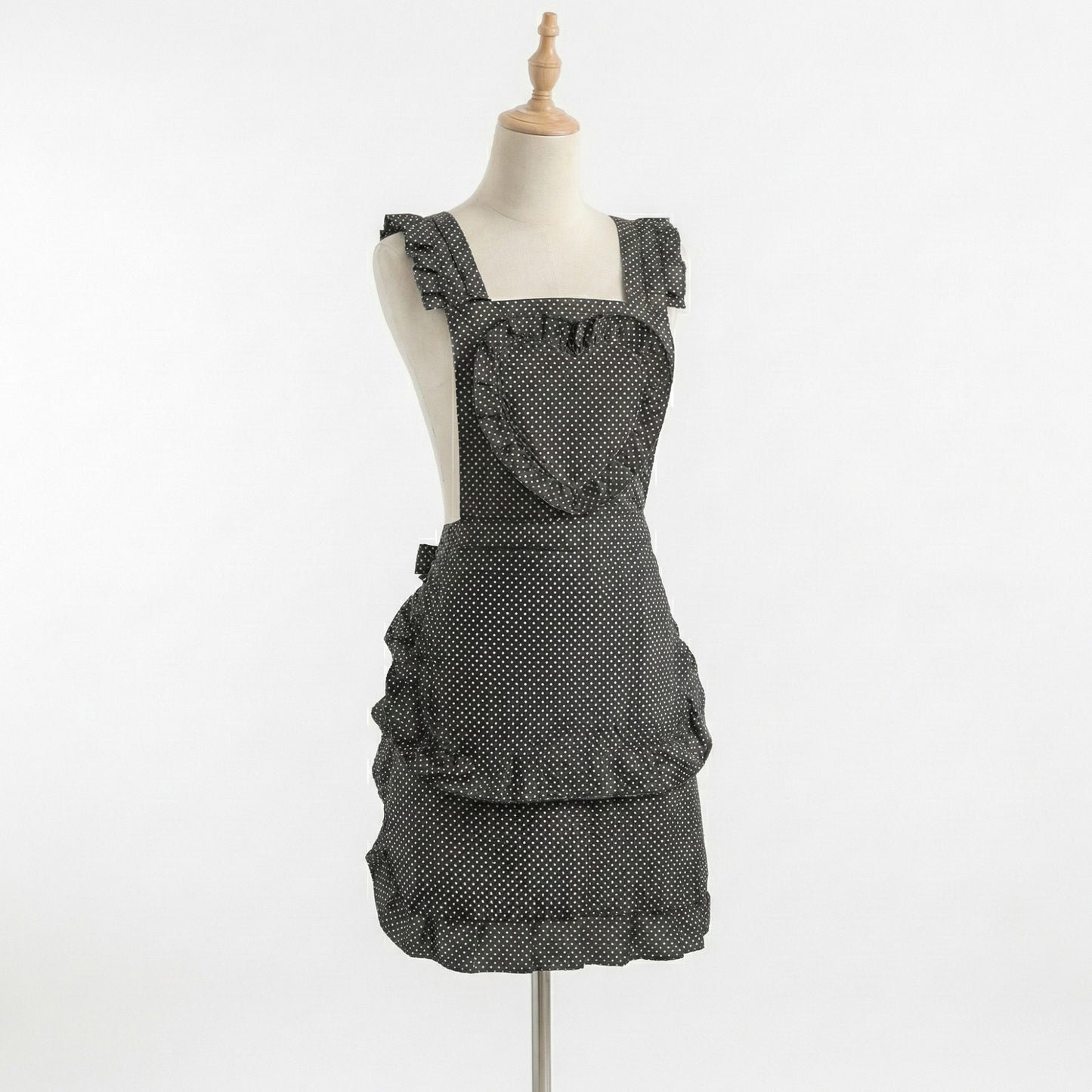 Polka Dot Kitchen Apron with Heart Bib Ruffle Trim Adjustable Waist Ties and Front Pocket