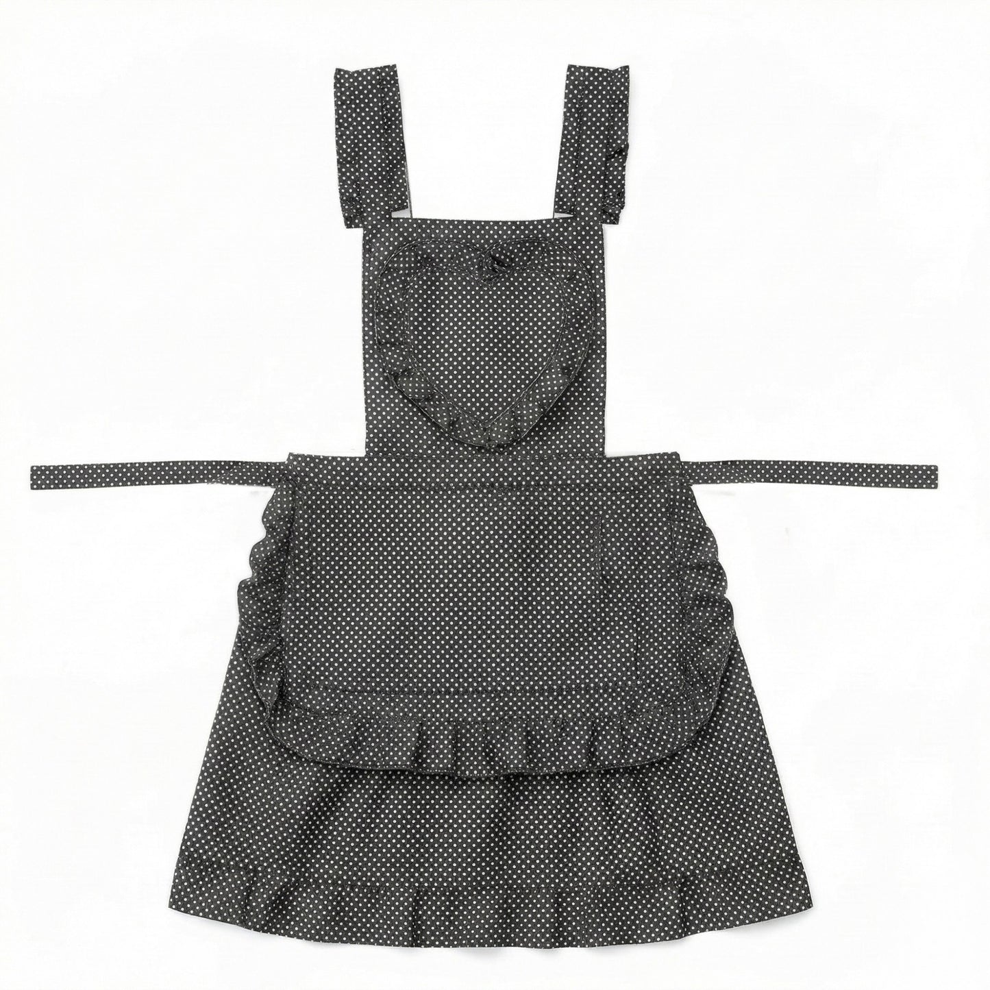 Polka Dot Kitchen Apron with Heart Bib Ruffle Trim Adjustable Waist Ties and Front Pocket