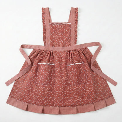 Floral Print Kitchen Apron with Ruffled Trim Adjustable Waist Ties and Front Pockets