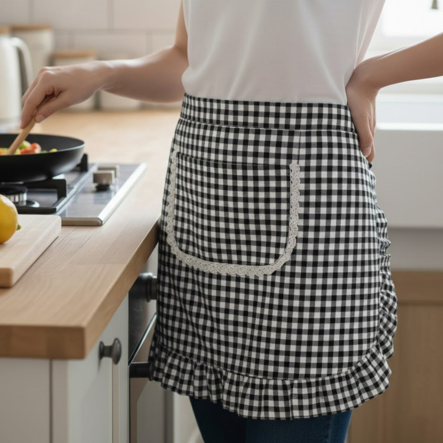 3-Piece Decorative Waist Apron Set with Ruffle Trim Pocket and Adjustable Ties