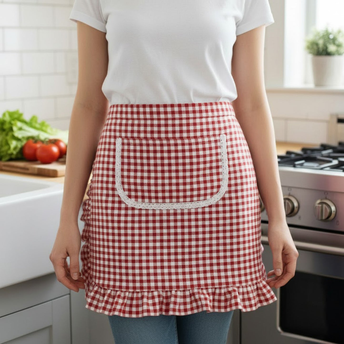 3-Piece Decorative Waist Apron Set with Ruffle Trim Pocket and Adjustable Ties