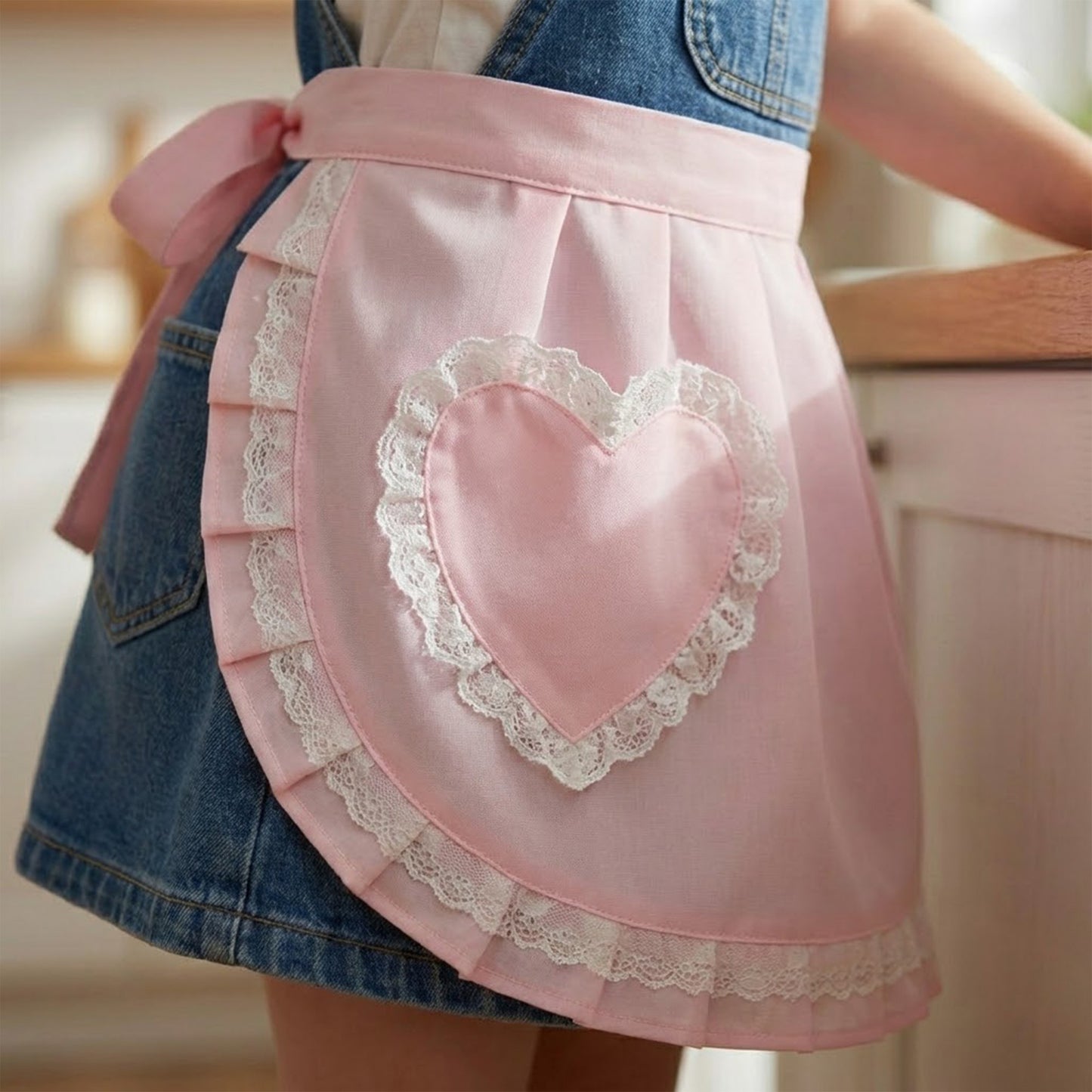 Decorative Waist Apron with Ruffle Trim Heart Pocket and Adjustable Ties