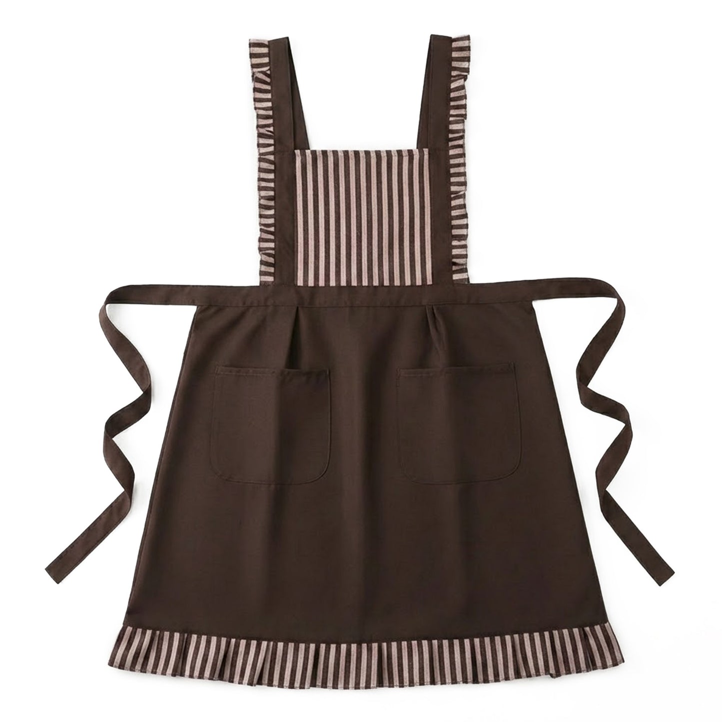 Striped Full Bib Apron with Ruffle Straps Dual Pockets and Waist Ties