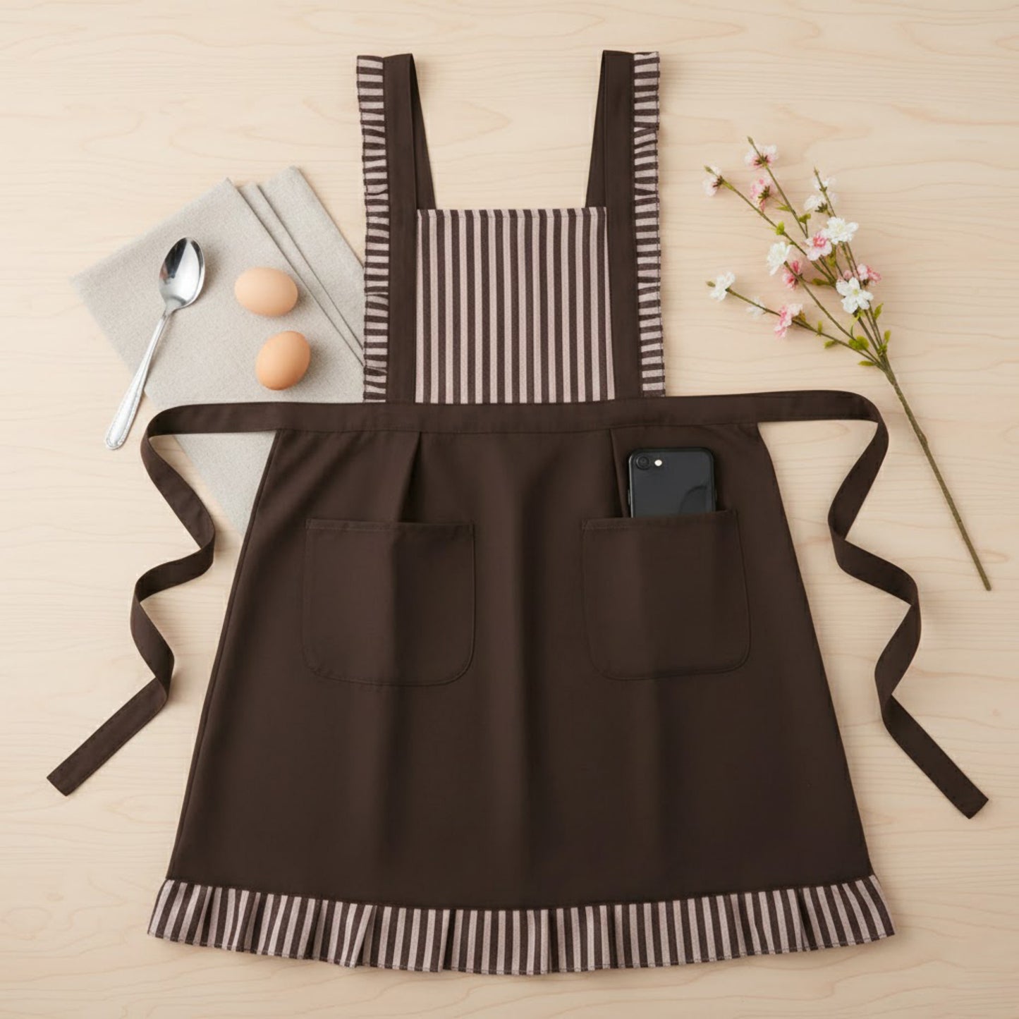 Striped Full Bib Apron with Ruffle Straps Dual Pockets and Waist Ties