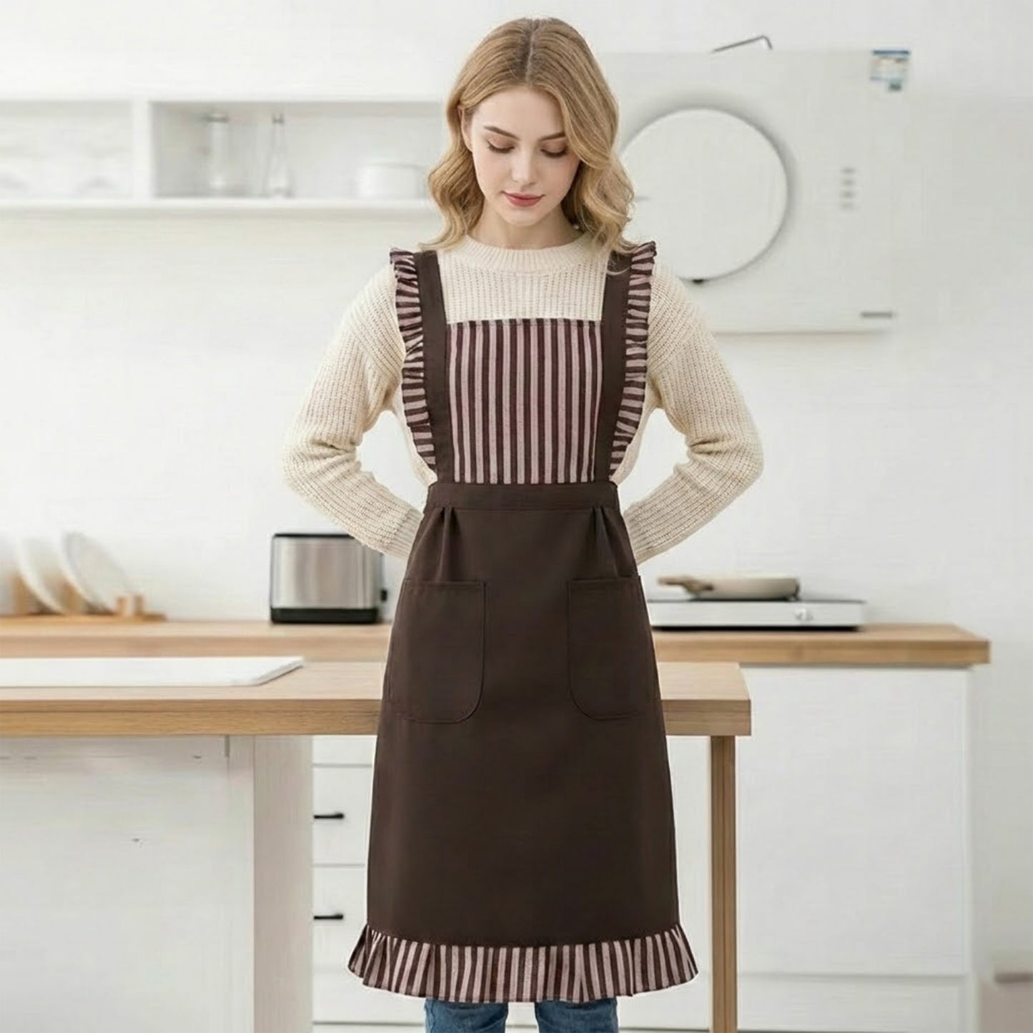 Striped Full Bib Apron with Ruffle Straps Dual Pockets and Waist Ties